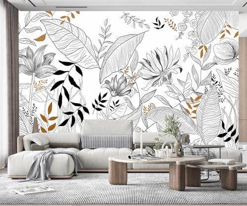 RMwallpaper Papier Peint Feuilles Florales Noir Et Blanc Papier Peint Panoramique Intissé Tapisserie Poster Chambre Salon Decoration Murale RMwallpaper11-430x300cm