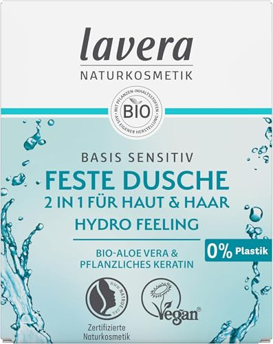 lavera, Feste Dusche 2 in 1 basis sensitiv Hydro Feeling mit Bio Aloe Vera und pflanzlichem Keratin reinigt ohne auszutrocknen 3x ergiebiger als flüssiges Duschgel Naturkosmetik 50g, Weiß, 1 stück