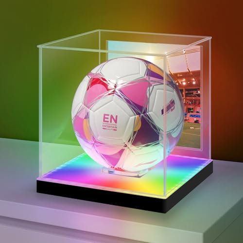 Huijintao Vitrine de Football avec éclairage LED RGBW, Vitrine Acrylique pour Collection, Protection UV et Anti-poussière pour Ballon Autographié Pleine Grandeur avec Support de Ballon et Porte-Photo