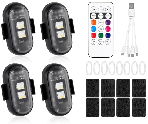 vsshe Luci Stroboscopiche Drone LED, 4 Pezzi Luce Flash Telecomando, 8 colori Luce Stroboscopica a LED Senza Fili, luci anti-collisione, Lucis Lampeggianti Ricaricabili USB Per Auto,Drone,Camion,Moto