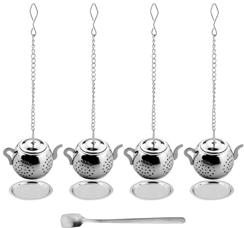 4 Stück Tee Set aus Edelstahl mit verlängertem Kettenhaken und Teelöffel, Wiederverwendbare Teekanne Loses Teesieb,Teesieb Stahlnetz Sieb