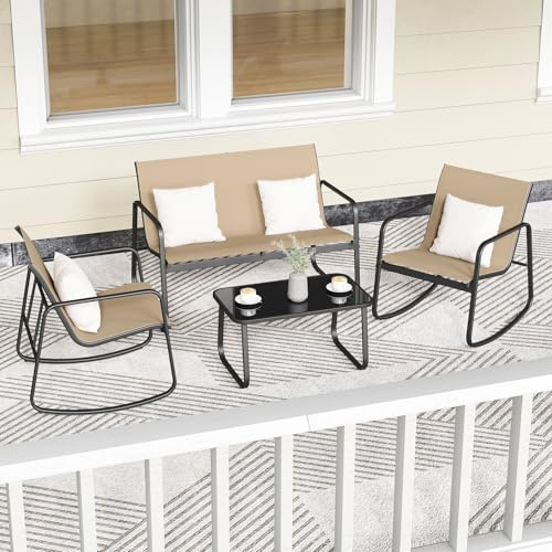 GIANTEX Juego de Muebles de Jardín 4 Piezas, Banco de 2 Plazas, 2 Mecedoras y Mesa de Café, Mueble de Balcón con Suave Movimiento Oscilante, para 4 Personas, para Terraza, Patio (Café)