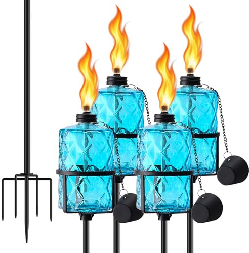 SNOGSWOG Glass Citronella Torches Set of 4, 12 Oz Outdoor Garden Torch with 5-Prong Grounded Stake, 59 Inch Glass Torch for Home Décor, Outside Torches for Backyard, Garden, Patio, Blue