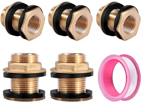 5 Stück Regentonnendurchführung aus Messing Ig G1/2(Ø19,5mm) x Ag G3/4(Ø25,7mm) Hervorragende Abdichtung Tankverschraubung Ultra Korrosions- Rostschutz Fassverschraubung für Behälter Tanks Fässer