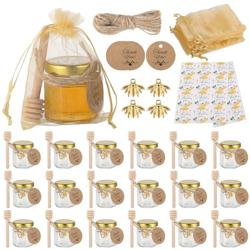 20 paquetes de latas de miel de vidrio de 45ml,Botecitos Para La Miel,con cucharas,colgantes de abejas,bolsas de regalo,tarjetas de agradecimiento,pegatinas,perfecto para baby shower,recuerdos de boda