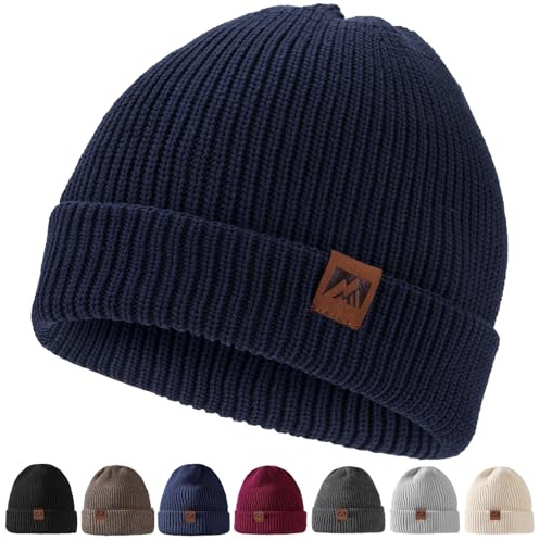 ricema Beanie Mütze Herren Damen - Wintermütze mit Lederpatch Warme Strickmütze - Weiche Dehnbare Unisex - Stylische Urban Streetwear Mütze - Winter, Dunkelblau
