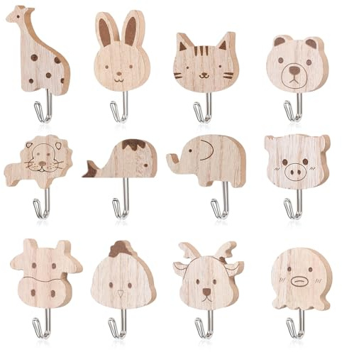 Gancho para ropa infantil de madera, ganchos de pared autoadhesivos con bonitos motivos de animales para habitación de los niños, habitación de bebé o pasillo, almacenamiento práctico y decorativo