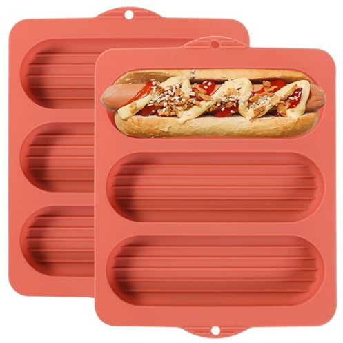 Butabeishy Silikon-Backform für Hotdog-Brötchen, 3 Mulden, 2er-Set | 20,5 x 17,5 cm, Antihaft-Oberfläche, Für Sandwichbrötchen, Gerippte Mulden, Wiederverwendbar