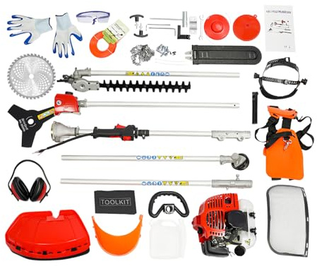 4 in1 Benzin Motorsense 2-Takt 6500rpm Multitool Garten Rasentrimmer, Heckenschere, Hochentaster, Kettensäge mit Verlängerungsbalke 227M Rasenkantenschneider