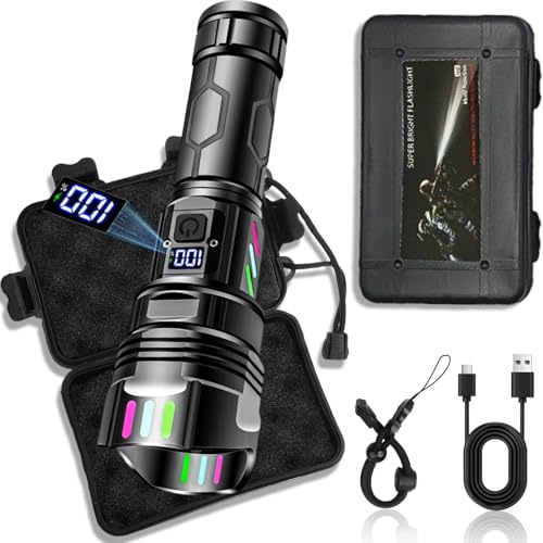 CoolQi LED Torch Rechargeable Super Bright 500000 Lumen with LCD Power Display - 5000mAh Battery, Long Distance Zoomable, Waterproof & Powerful Flashlight, 5 Modes with Lanyard for Camping, Emergency