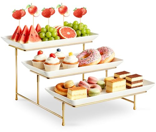 LLHONG 3 Tier Serving Tray for Party Supplies, Wedding Serving Platter | White Reusable Trays | with Black Metal Display Stand | for Buffets Cake Snack Veggie Fruit Cookies Dessert