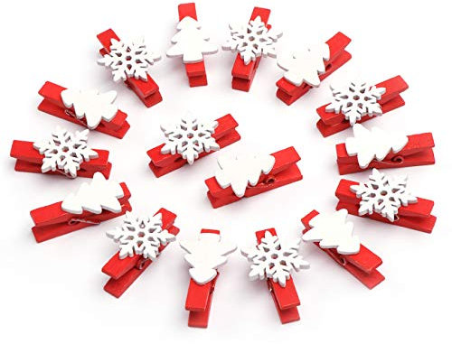 ABSOFINE 50 pezzi fiocchi di neve mollette di legno rosso albero di Natale mollette di legno piccole mollette decorative per targhette nome, foto mollette in legno fai da te, decorazione natalizia