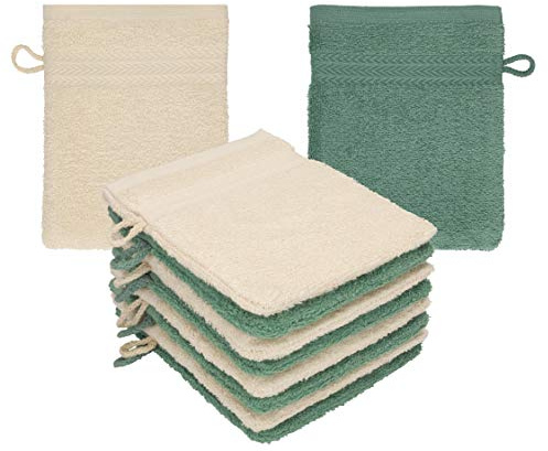 Betz Lot de 10 Gants de Toilette Premium 100% Coton Taille 16x21 cm Sable - Vert Sapin