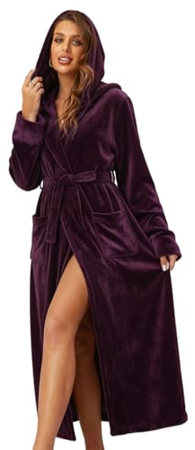 RONGTAI Womens Robes Plush Fleece Dark Purple Hooded Bathrobe Thick Nightgown with Pockets Fluffy Sleepwear Small