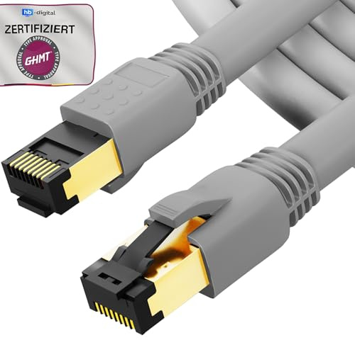 hb-digital 5m Patchkabel CAT 8.1 LAN nätverkskabel S/FTP PIMF 2xRJ45 Plug koppar LSZH Halogenfri RoHS-kompatibel 40 Gbits Ethernet Port 2000 MHz Internet DSL, PC, Router, Switch, Modem, TV grå