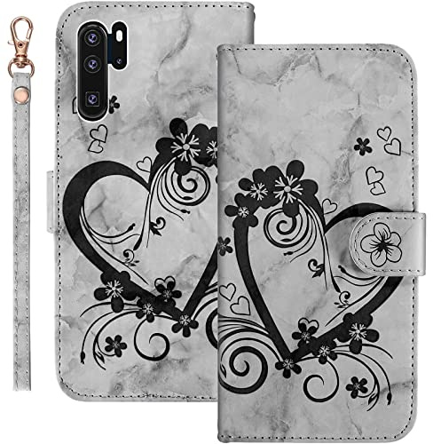 Bartern Handyhülle für Huawei P30 Pro/P30 Pro New Edition Klappbar,Herz(Liebe)+ Blumen Hülle,PU Leder Wallet Schutzhülle Tasche Klapphülle mit Kartenfach Magnetverschluss Standfunktion,Schwarz