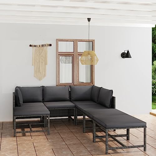 PTUGUOF 7-TLG. Poly Rattan Lounge Set grau mit Kissen, Gartenmöbel Set mit dick gepolsterten Kissen, modulares Lounge-Set mit pulverbeschichtetem Stahlrahmen, Fußhocker auch