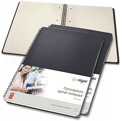 SIGEL CO840/3 Premium Spiralblock A4, kariert, schwarz, 80 Blatt, 3er Pack, sehr stabiler Hardcover-Einband, mit versetzbarem Register, Einsteckfach, aus nachhaltigem Papier, Conceptum | CO840/3, 80 Blatt, mit versetzbarem Register, sehr stabiler Hardcover-Einband, Einsteckfach, aus nachhaltigem Papier