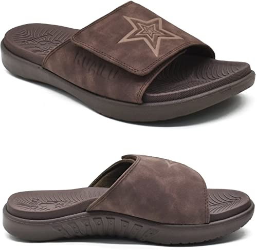 KuaiLu Mens Orthotic Slides Soft Cushion Sport Sandals with Plantar Fasciitis Arch Support Adjustable Open Toe Summer Slippers Slip on Indoor Outdoor Dark Brown Size 10
