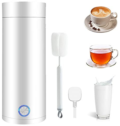 Reise Wasserkocher,400ml Tragbarer Elektrischer Wasserkocher,3 in 1 Mini-Wasserkocher&Mini Thermoskanne,Reise Wasserkocher Klein 304 Edelstahl Liner,Automatische Abschaltung (Weiß)