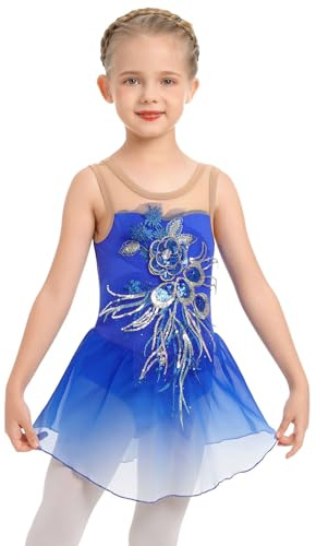 Girl Ice Figure Skating Dress Ballett Dance Leotards Rhythmic Gymnastics Bodysuit Shiny Sequin Flower Sleeveless Gradient Chiffon Flowy Skirt Competition Custumes Performance Dancewear Royal Blue 5-6Y