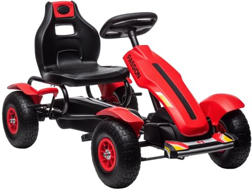HOMCOM Pedal Go Kart Adjustable Seat Handbrake for Ages 5-12 Years Red | Ride On Racer, Inflatable Rubber Tyres, Handbrake
