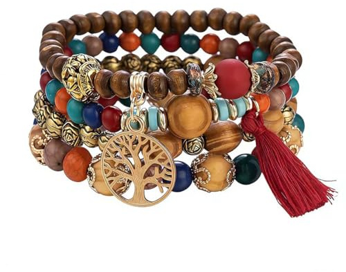 Cubahop Mehrschichtige Quaste Holzperle Stapelbare Bunte Armband Fantasy Armbänder Baum des Lebens Bunte elastische Hand Zubehör für Frauen und Mädchen (Rot)