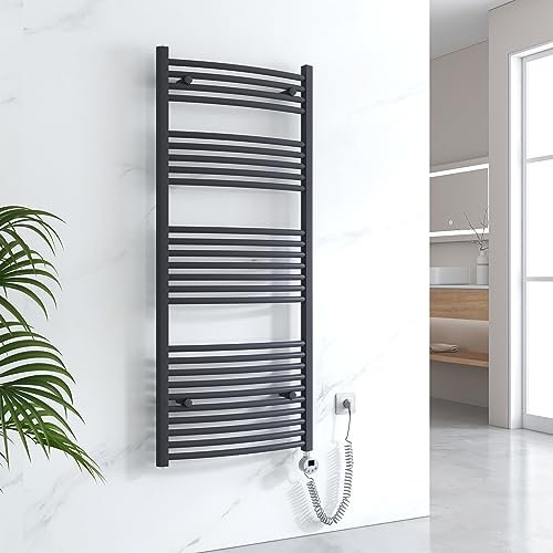 EMKE Badheizkörper Elektrisch 1400x600 mm - Gebogen Handtuchheizkörper Elektrisch, Elektrischer Handtuchwärmer Handtuchtrockner Handtuch Heizkörper Bad mit Thermostat und Heizstab - 600W, Anthrazit