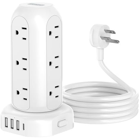 juapyes Ciabatta di alimentazione contro sovratensioni 6,5 Ft 4 porte USB(1 PD USB C) Ciabatta a 12 uscite con presa per cavo lungo USB (10FT)
