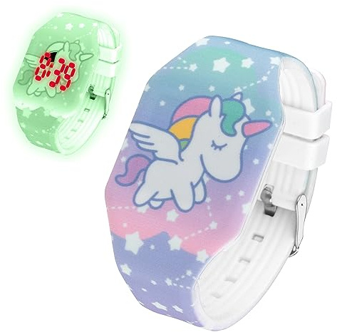 Taffstyle Kinder Armbanduhr Silikon Sportuhr Einhorn Unicorn Pferd Digital LED Uhr Fluoreszierend Bunte Sport Farbige Kinderuhr Mädchen Lernuhr Rosa Blau Mädchenuhr Modell 3