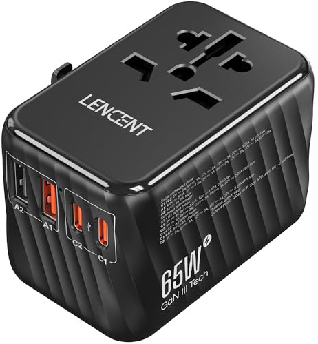 LENCENT Universal Travel Adapter, 65W GaN International Fast Charger with 2 PD3.0 Type C+2 QC USB A, Worldwide Power Adaptor for Phones,Laptops, All in One Travel Essentials for EU/USA/UK/AU, Black