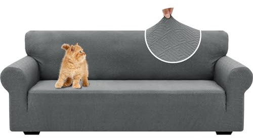 YSTELLAA Stretch Sofa Überzug 3 Sitzer, Sofaschoner rutschfest Mit Armlehne, Universal Jacquard Sofabezug, Dicke Sofabezug Für Hunde Katzen Und Haustiere, Waschbare Sofa Cover, Hellgrau