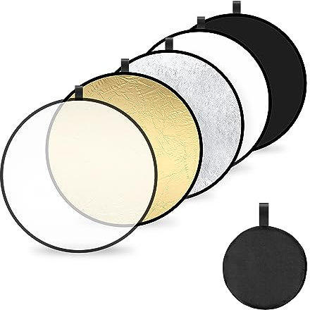 5 in 1 Light Reflector Portable Round Photography Diffuser Collapsible for Photo Studio Portrait Product Indoor Outdoor Shooting 60cm (Translucent/Silver/Gold/White/Black)