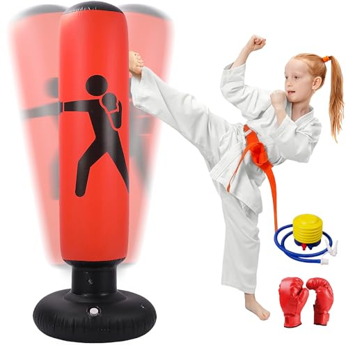 Oziral boxningssäck för barn, uppblåsbar boxningssäck, 160 cm stående boxningssäck med luftpump och boxhandskar för Karate kickboxning, träningsutrustning, gåva (röd och svart)