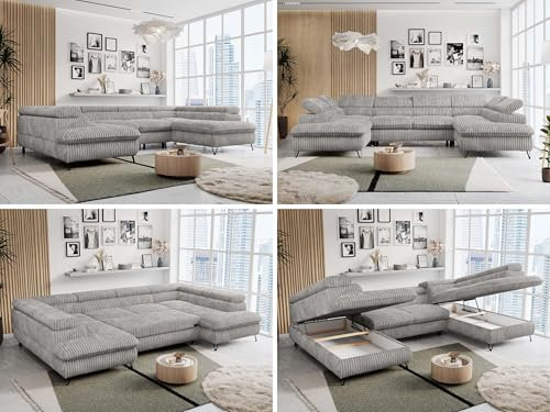 MKS MEBLE Cord Sofa U-Form Grau, Wohnlandschaft U-Form, Sofa mit Schlaffunktion und Bettkasten, Schlafsofa mit Bettkasten, Couch mit Verstellbare Kopfstützen - Peter U - Grau Cord