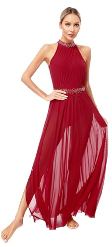 iiniim Damen Ballettkleid Glitzer Langarm Ballettanzug mit Mesh Rock Pailletten Kleid Ballett Trikot Gymnastik Turnanzug Modern Lyrisch Tanzkleid S-XXL B Weinrot A S