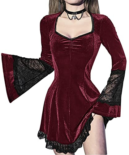 XKBHYD Womens Gothic Fairy Dress Flare Sleeve Velvet Dresses Punk Grunge Harajuku Dress Vintage Lace Patchwork Witchy Dress