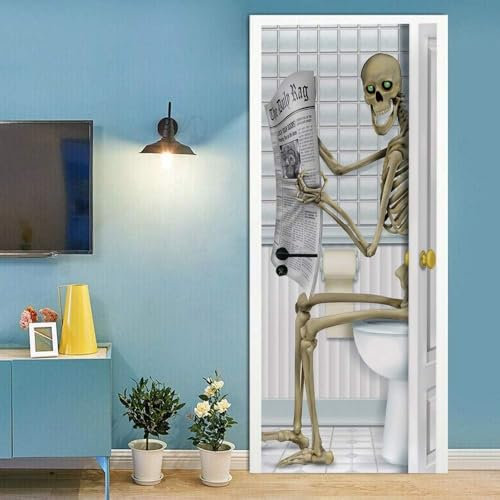 Türtapete Selbstklebend 3D Türposter Skelett Liest Zeitung 80 X 200 Cm Türaufkleber Fototapete Abziehen Und Aufkleben Türfolie Poster Tapete - Kinderzimmer Wohnzimmer Küche Schlafzimmer Tür Fo 0