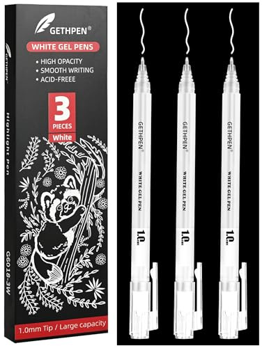 GETHPEN Weiße Gelstifte, 1,0 mm extra feine Spitze, Gelschreiber-Set, deckende Archiv-Tintenstifte für schwarzes Papier, Bullet Journaling & Kunst-Highlights & Künstler-Zeichnen, 3 Stück
