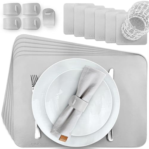 MIQIO Tischset aus Kunstleder - 18er Tisch- Untersetzer-Set - Leder Platzsets abwaschbar - 6 Platzsets, Glasuntersetzer, Serviettenringe | grau | rechteckig