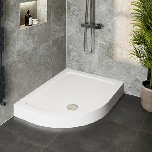 Hydrolux® 900 x 760 x 140mm White Bathroom Shower Tray for Enclosures Cubicles & Wet Room with Chrome Waste + Riser Kit, Offset Quadrant Left Hand