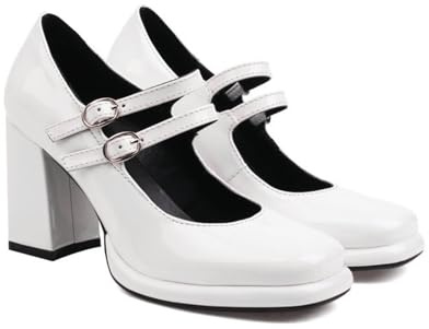 ENWIND Mujer Punta Cuadrada Zapatos Mary Jane Charol Correa De Tobillo Plataforma Bombas Tacón Ancho Zapatos de Trabajo