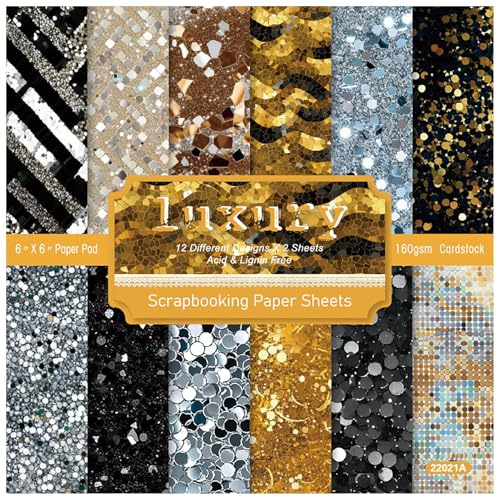 ZAKHSE Motivpapier Weihnachten, 48 Blätter Designpapier 15,2x15,2cm Funkelnde Pailletten Motive Scrapbook Papier, 12 Designs, Einseitig Bedruckt Bastelpapier für Kartenherstellung-Gold/Schwarz/Silber