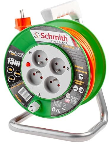 Schmith - Avvolgitore elettrico - Avvolgitore per cavi - Cavo di prolunga - 4x2P+Z - 2300 W, 10 A - Livello di protezione IP20 - Alta qualità - 50 m - 3x1,5 mm