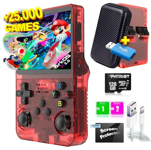 SVP Game - R36S Consola Retro Portatil PS1, n64, nDS, SuperN, GameB, Arcade, Atari, GBA, PSP Consola Portatil 40.000 Juegos Emulador Retro, Game Console, Videojuegos (Rojo 128 GB + Estuche + USB)