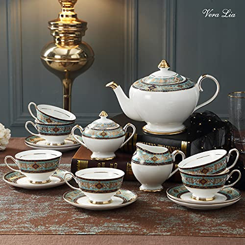 KWMAEEUID Service à thé en Porcelaine pour Femmes Adultes, Tasse à thé et Soucoupe pour 6 Personnes avec crémier et sucrier, Services à thé Anglais Vintage, 15 pièces