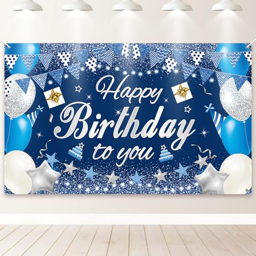 PartyYaa Pancarta de cumpleaños, decoración de pancarta de feliz cumpleaños, extragrande, para fiestas de cumpleaños, fondo decorativo, cartel para hombres y mujeres (azul plateado)