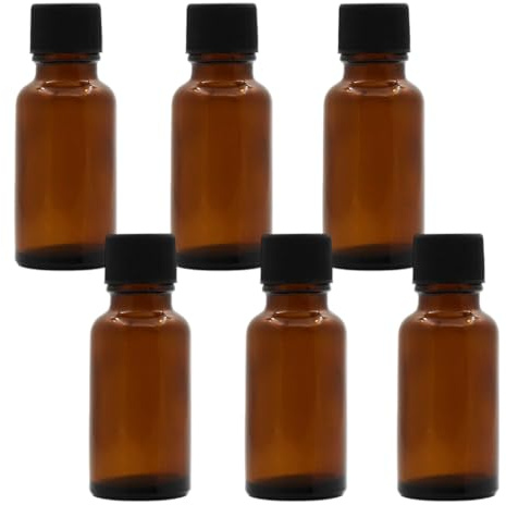 OHEETU 6 botellas vacías de vidrio ámbar de 20 ml para aceites esenciales con reductor de orificio y tapas negras, rellenables, para perfumes, aromaterapia, frascos