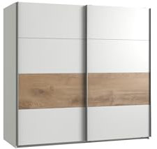 Schwebetürenschrank >Bert< B/H/T: 270x208x65 cm, in modernem Design mit weißen Türen und Plankeneiche Nachbildung, inklusive 3 Einlegeböden und 3 Kleiderstangen, Made in Germany, zerlegt geliefert