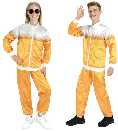 Aomig 90er 80er Jahre Kostüm Erwachsene Retro Outfit Trainingsanzug Bieranzug Disco Ganzkörperanzug mit Bier Print Bad Taste Partner Outfit mit Jacke und Hose für Oktoberfest Mottoparty Karneval(Gelb)